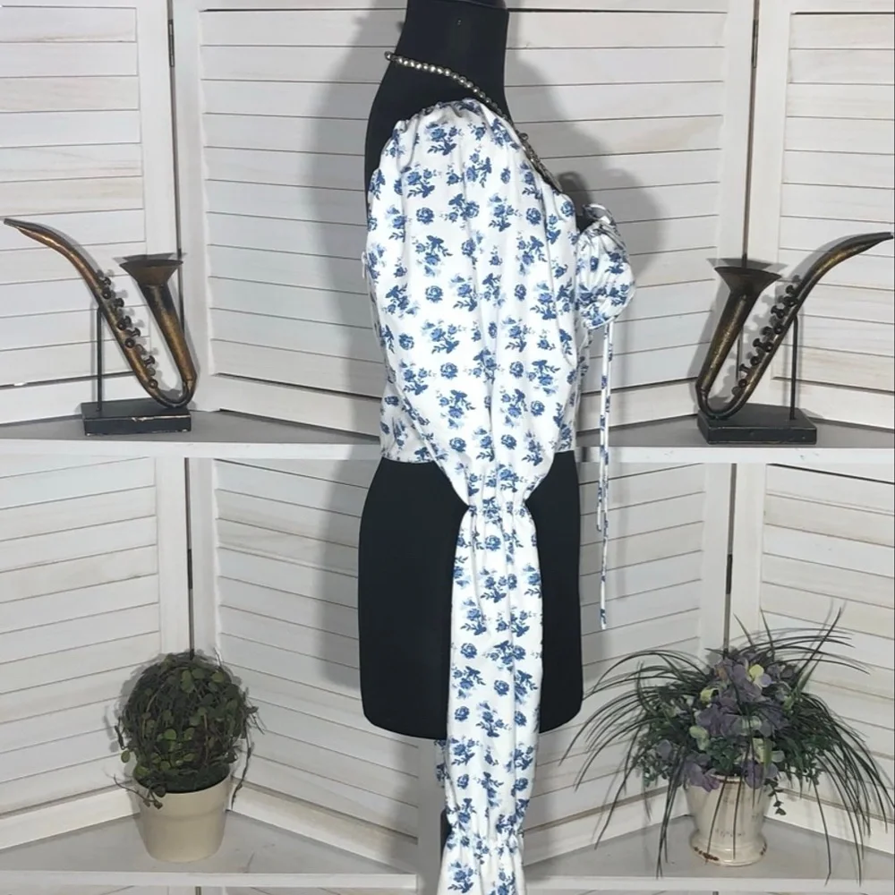 Vintage Y2K Floral Cropped Top Blue and White Medium - Picture 5 of 13